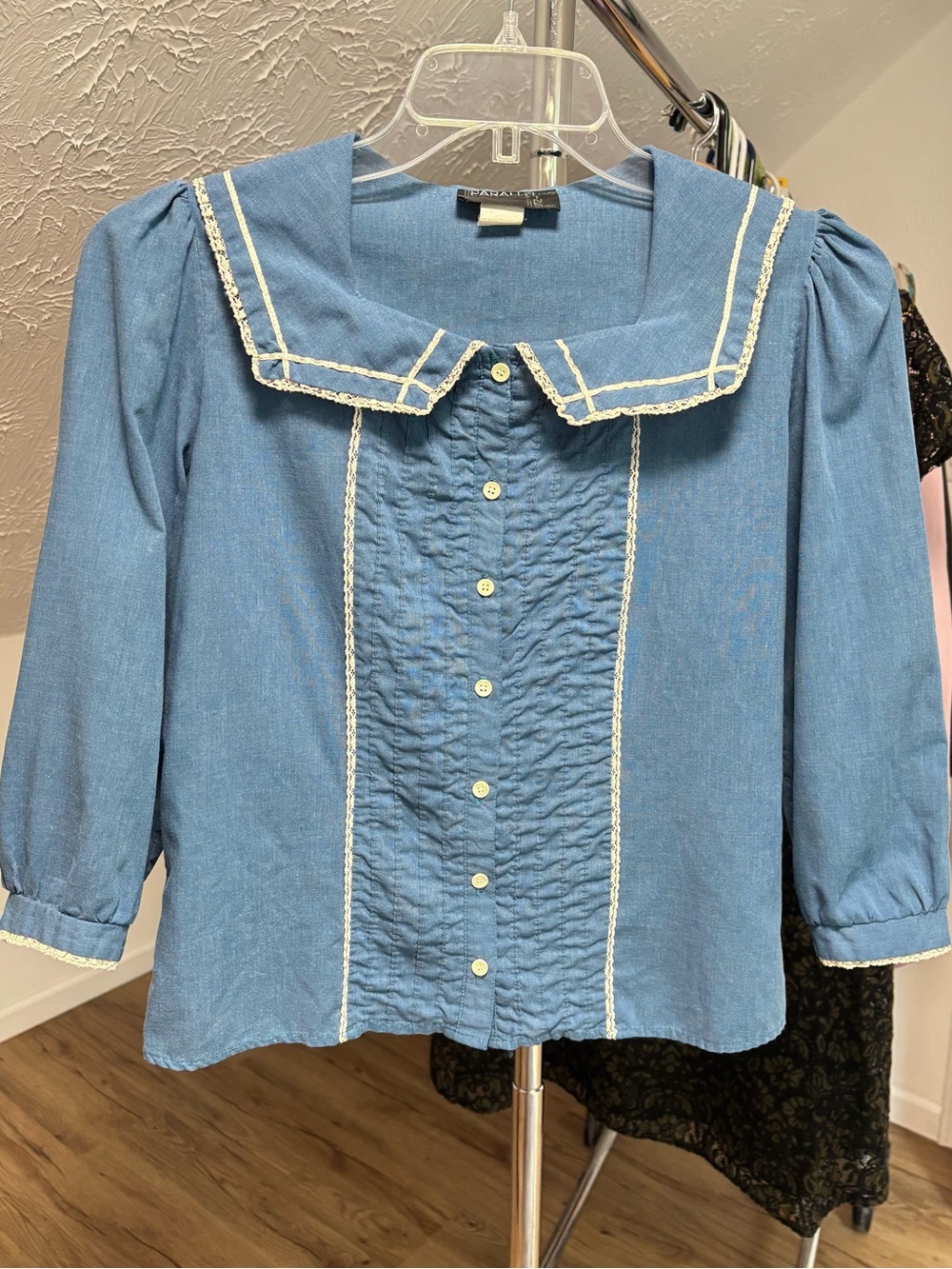 Vintage pleated, nautical button down with lace trim. Parallel Lines, medium
